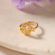 Textured Flower and Leaf Design Ring - Gold Plated Silver Ring for Women by DRK Jewels
